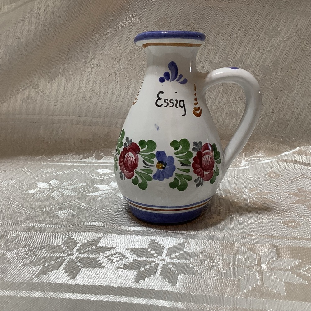 Vintage J. Graf Stoob Austria Pottery "Essig" Vinegar Pitcher Cruet Hand Painted